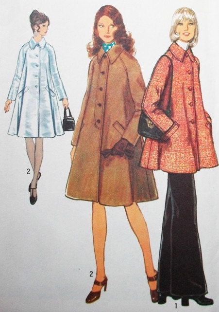 70s Simplicity 5304 Bust 36 Size 14 Tent Coat Raglan Sleeves Top Stitching Welt Pockets