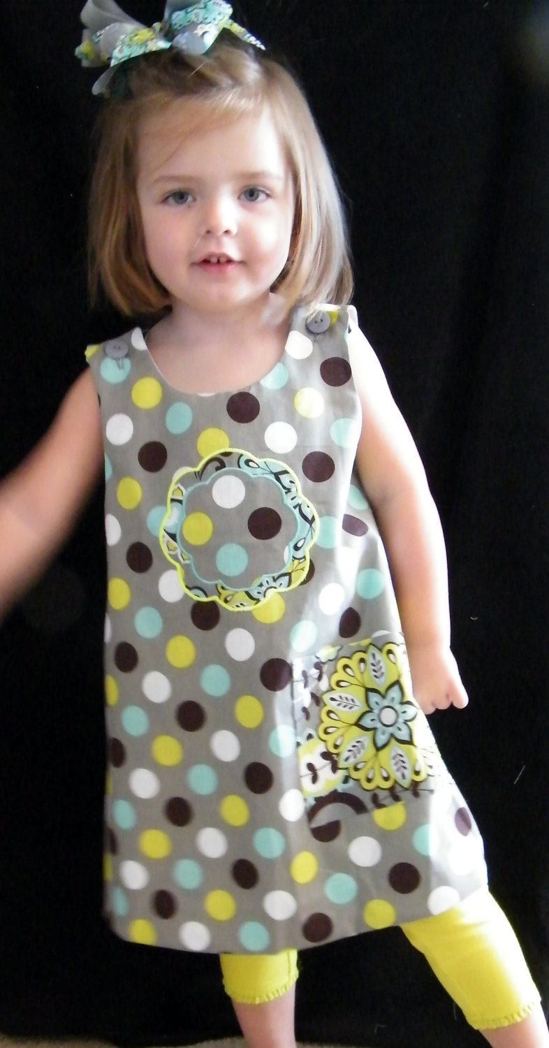 Aunt Mon Mons Custom Handmade Girls shift Style Dress Jumper Silver Gray Polka Dots size 12 months to size 6x