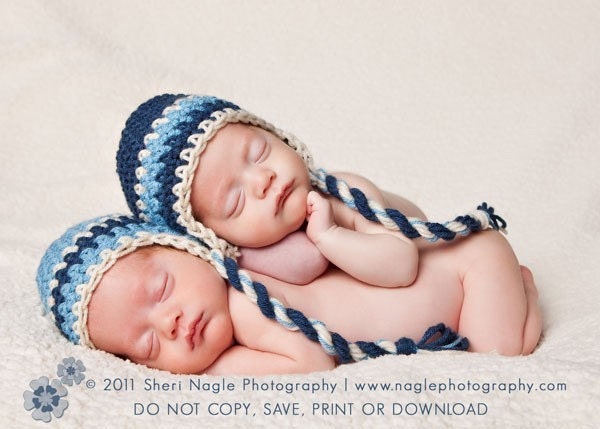 Two Twin Newborn Baby Boy Blue, Navy and White Earflap Crochet Hats, Great for Photo Prop
