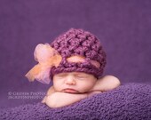 Newborn Baby Girl Purple, Pink and Orange Tulle Flower Crochet Hat, Great for Photo Prop