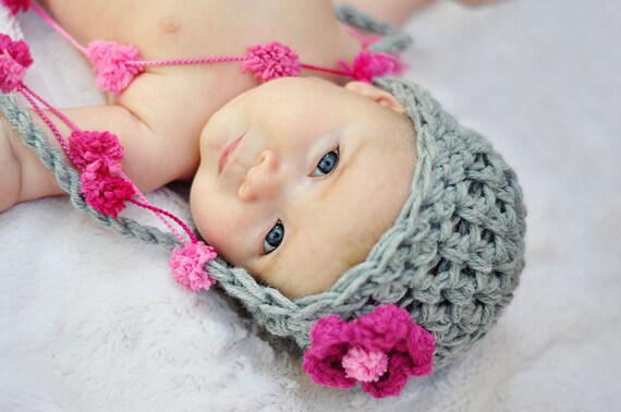 Newborn Baby Girl Pink and Gray Earflap Crochet Hat, Great for Photo Prop