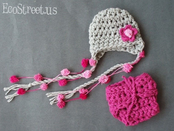 Newborn Baby Girl Gray and Pink PomPom Detachable Flower Earflap Crochet Hat and Diaper cover Set, Great for Photo Prop