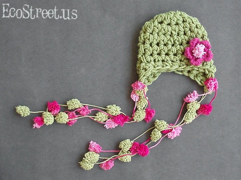 Newborn Baby Girl Pink and Sage Green Crochet Hat with PomPom Flower Earflap , Great for Photo Prop