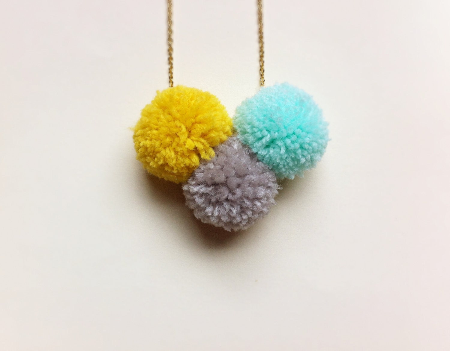 Handmade Neon Pom Pom Necklace / Bright Statement Jewelry / Mustard Yellow, Gray, Aqua