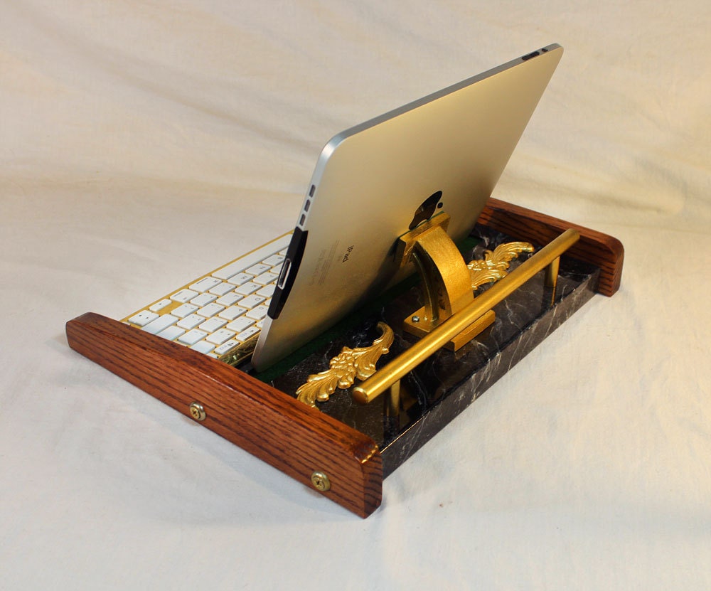 iPad Workstation - Keyboard - Tablet  Dock  - Victorian Marble Steampunk - Oak - Desktop Workstation