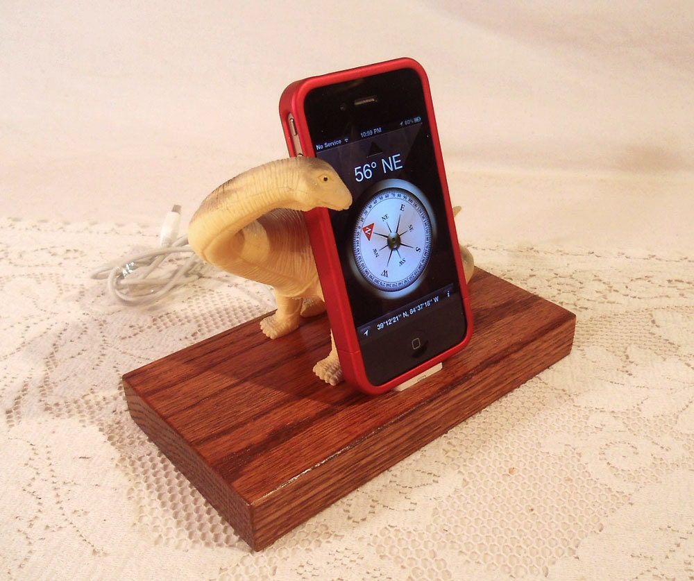iPhone - iPod Dock -Charger and Sync Station - Oak -  Big Tan Grey Dino - Scary - One of a Kind - Big Sale