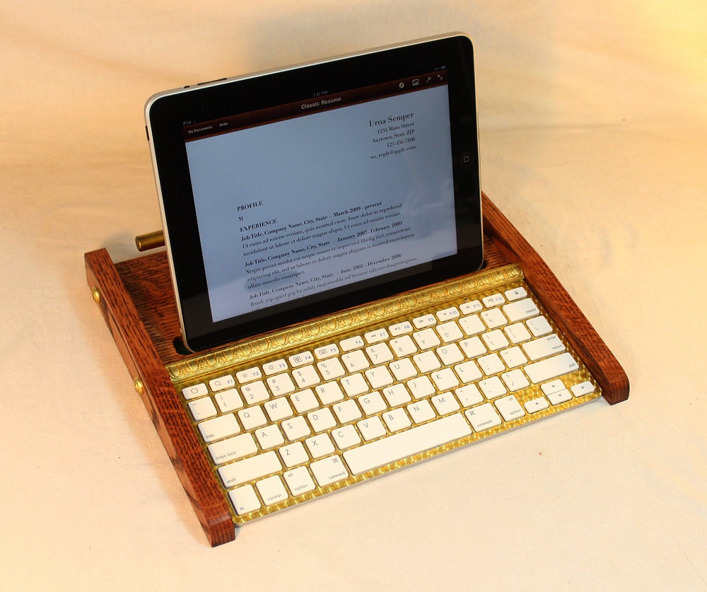 iPad Workstation - Keyboard - Tablet  Dock  - Steampunk V1- Oak -  iPad, IPhone, Tablet Bluetooth Keyboard Computer Desktop Workstation