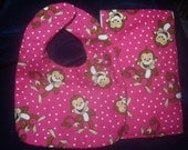 Bright Pink Monkey Baby Bib and Burp Cloth Set For Girl
