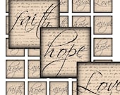 1 x 1 Inch Square Vintage Slogan Hope Love Faith Digital Image for Glass Tile Pendant and more..