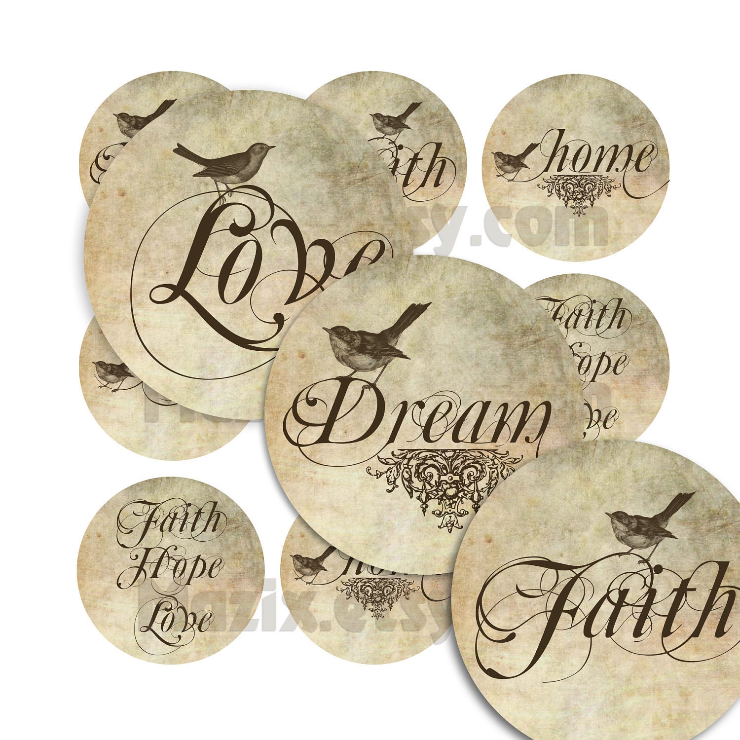 1inch Circle Round Vintage Slogan Hope Faith Love Digital Collage Image for Glass Tile Pendant and more..From Mazix
