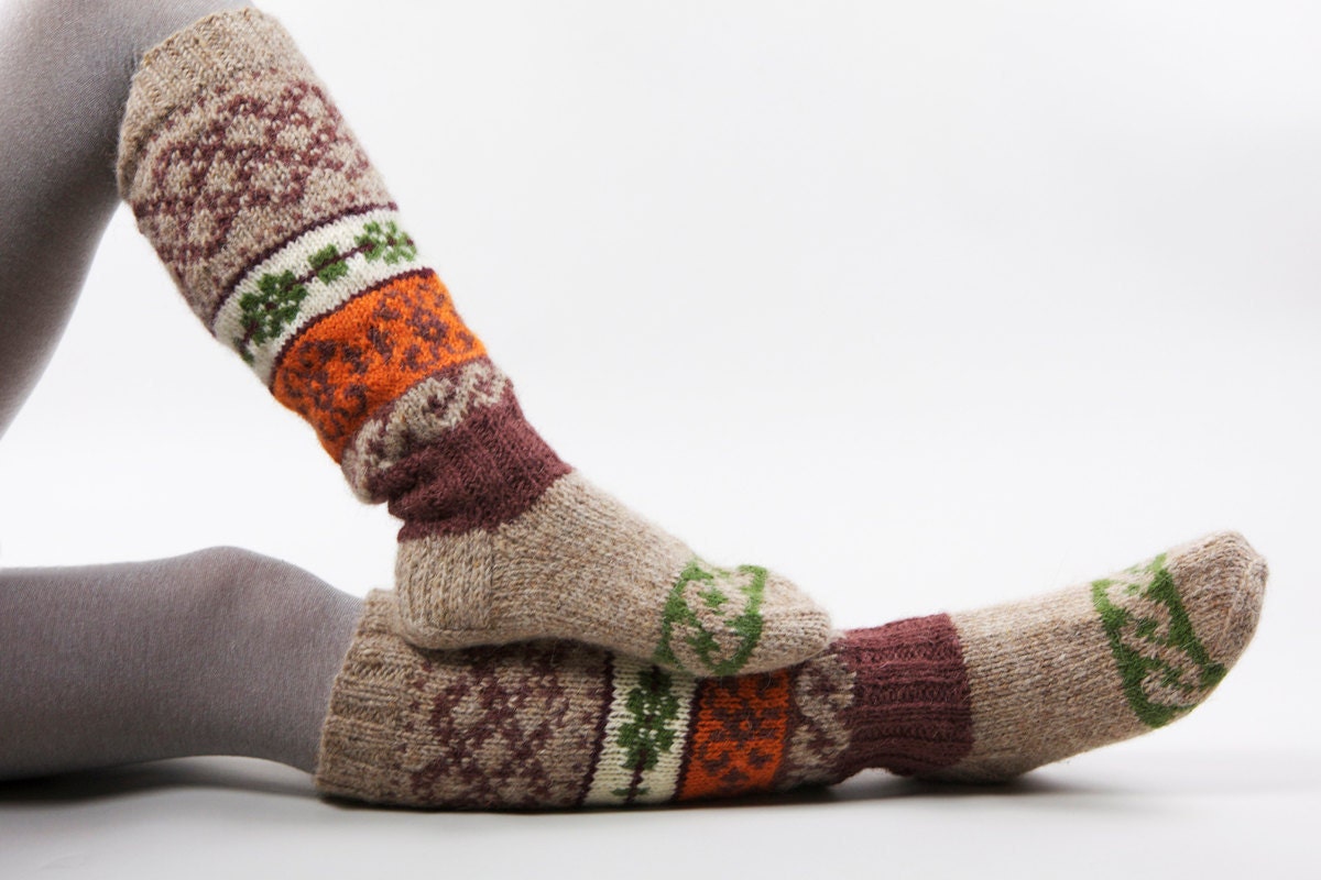 Knee high knitted socks with Scandinavian ornaments for women gift for her