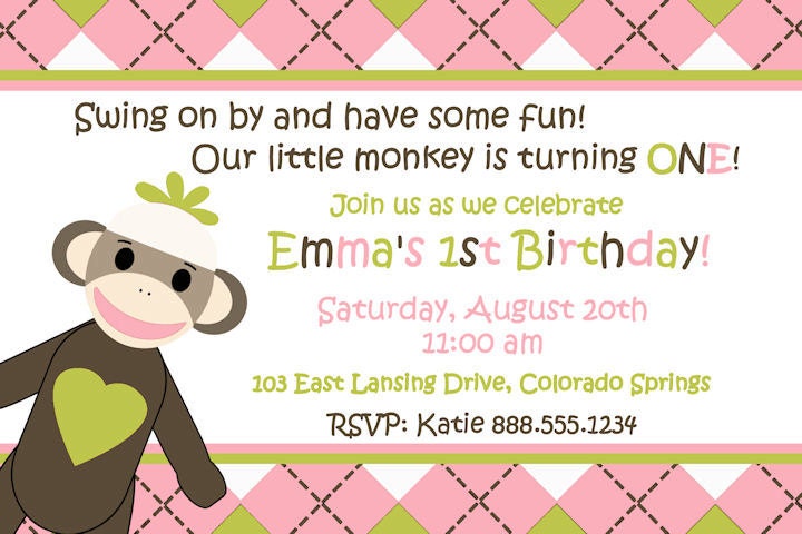 Personalized Sock Monkey Birthday Party Invitation Design Digital YOU PRINT Invite Girl 1st First