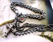 Chunky Chain Charm Bracelet Rhinstone Cross Religious Medal Talon Talisman