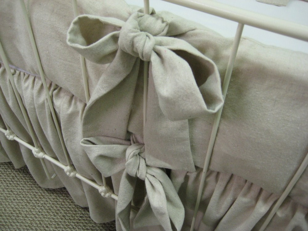 Washed Natural Cotton Farm House Crib Bedding-Tailored Simple Bumpers with Sash Ties and  Removable Inserts and Gathered Crib Skirt