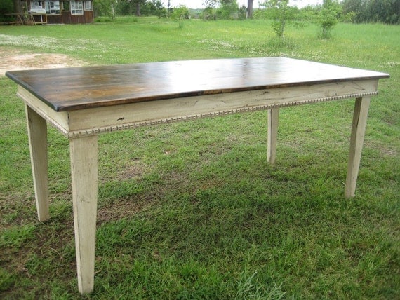 Farm Table - Primitive Style - in Distressed Cream and Warm Brown Stain