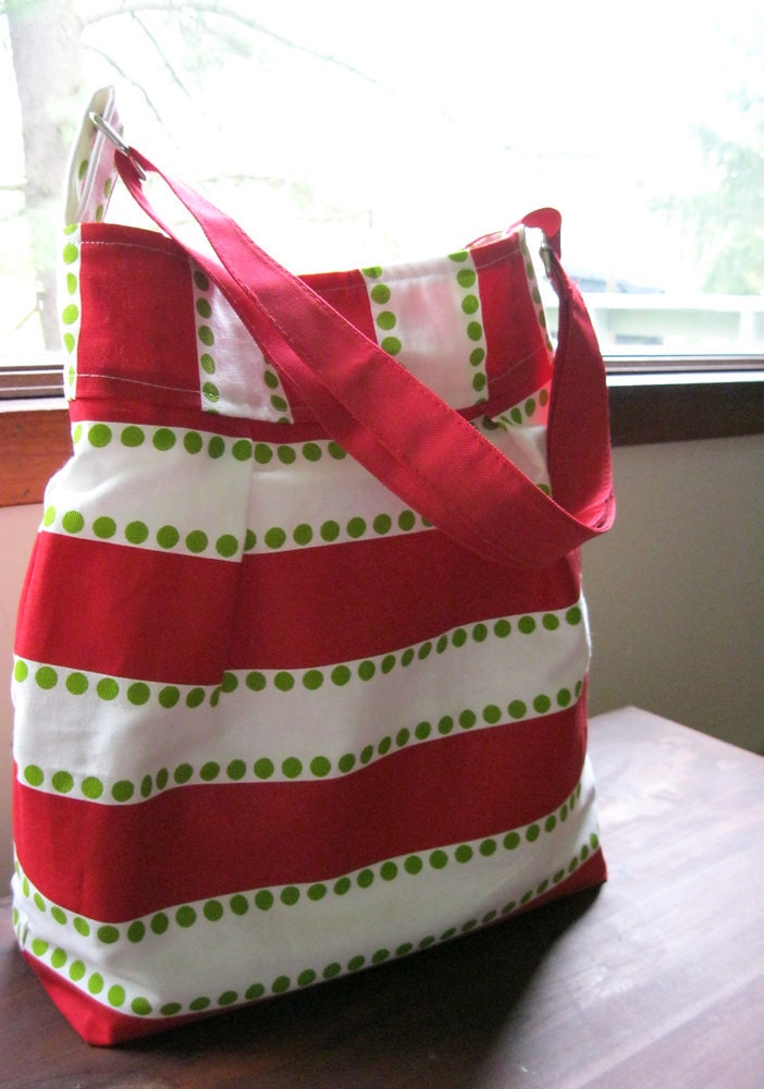 On sale - Cotton tote bag in lipstick red, white, and chartreuse green for beach, diapers, weekends, or summer fun