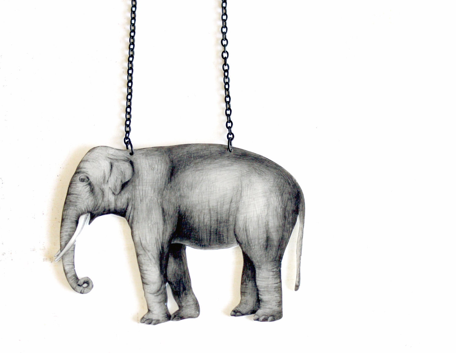 Elephant necklace -pendant, drawing on plastic