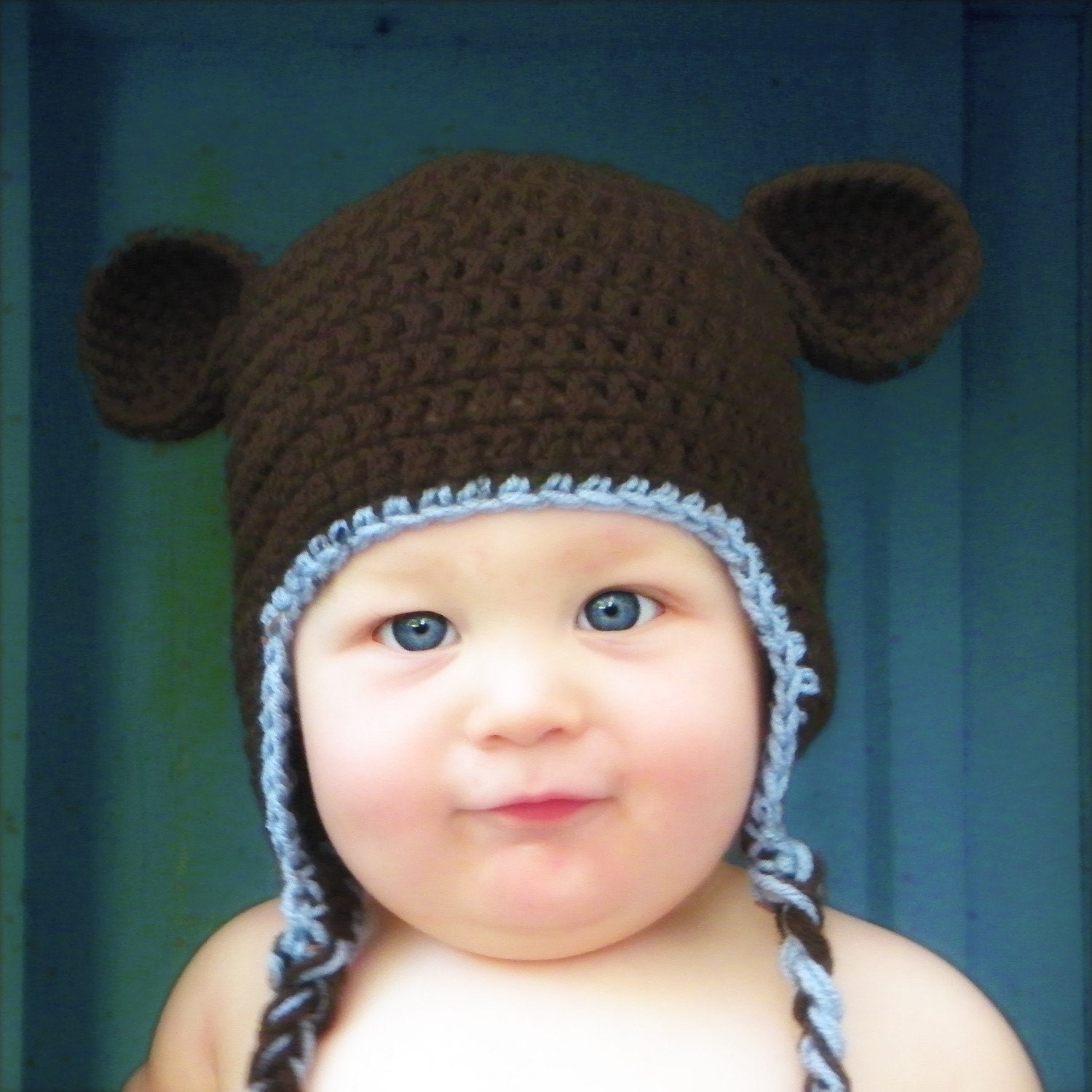 Chocolate Brown Crochet Teddy Bear Hat With Blue Trim - Choose Any Size