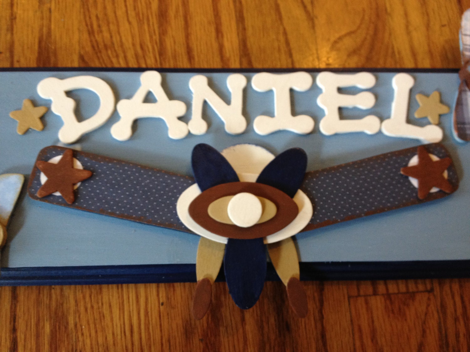 Custom Personalized Blue, Brown and Tan Airplane Name Plaque