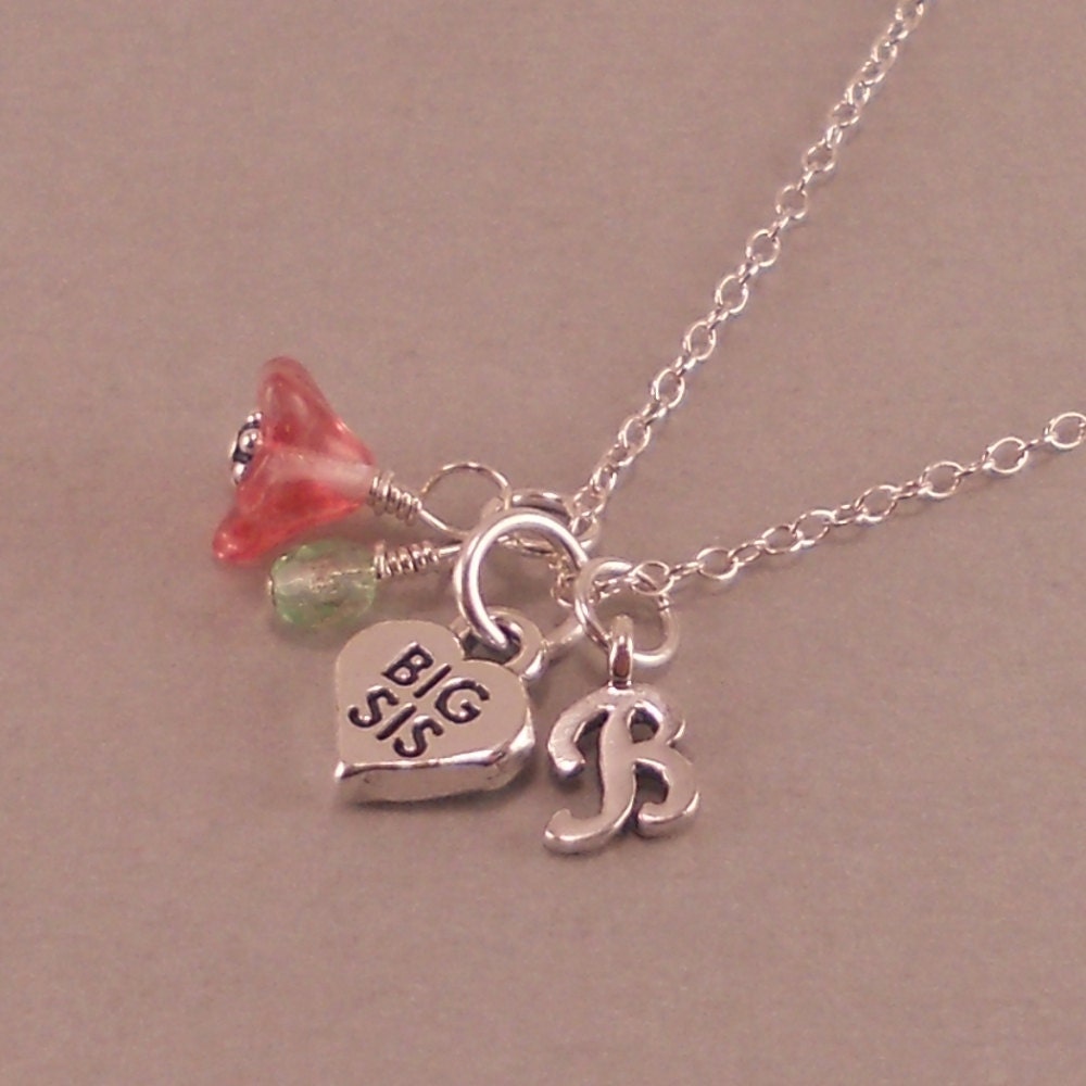 Big Sister Necklace, Sterling Silver, Big Sis Charm, pink, flower charm, new baby,sister gifts, personalized, initial necklace