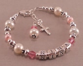 Childs Name Bracelet, White Pearls, Birthstone, Personalized, toddler, little girls jewelry, baptism, baby girl, pink, cross