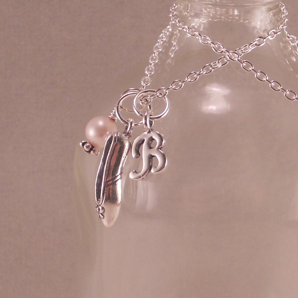 Ballet Necklace, Sterling Silver Ballet Slipper, Dancer, pink pearl, ballerina, ballet shoe charm, personalized, initial, monogram