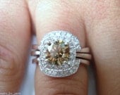 14K White Gold Champagne & White Diamond Engagement Ring Wedding Band Sets 1.41 Carat  HandMade Bridal Set
