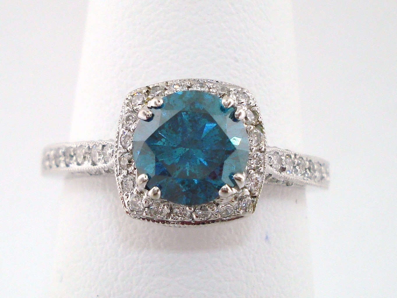 14K White Gold Blue & White Diamond Engagement  Ring  1.24 Carat Handmade