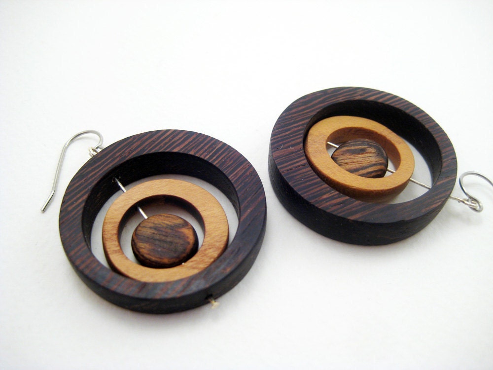 Modern Wood Earrings, Unique, lightweight, ooak, wooden, dangle, wenge trio