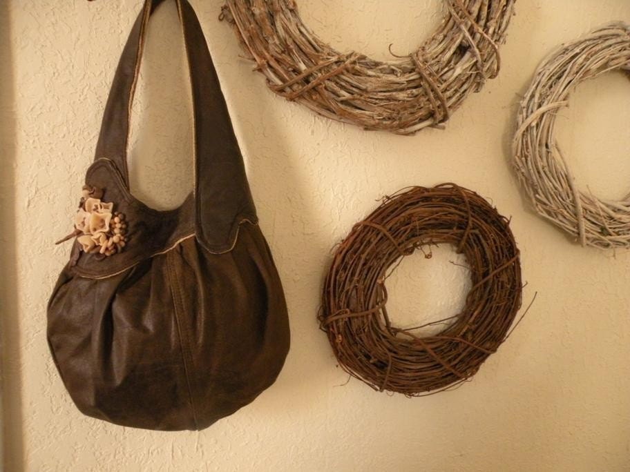 Asymmetrical round gathered shoulder bag purse brown clutch tote rustic leather earth tones OOAK distressed sleek floral modern textile