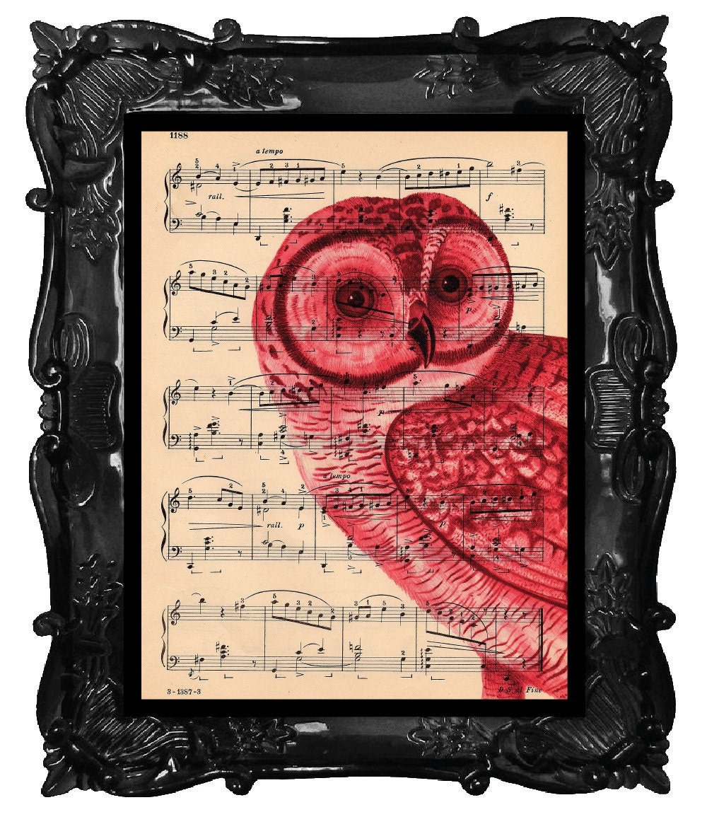 Christmas Owl Vintage Art Print Dictionary Print Book Art Print Red Owl Antique Sheet MUSIC Book Page