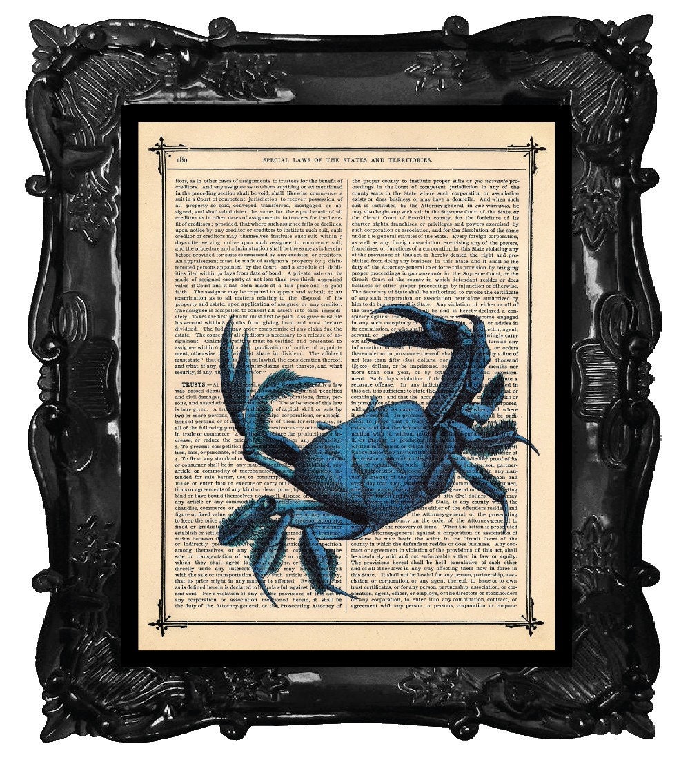 STONE CRAB Blue Mixed Media CRAB Art Print on Dictionary Page antique Book page 8x10