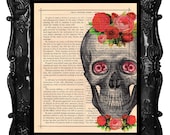 Pink and Red Roses Dictionary SKULL - anatomical SKULL art print - antique book page SKULL flowers print