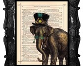 Antique Elephant Steampunk illustration beautifully upcycled dictionary page book clock art print