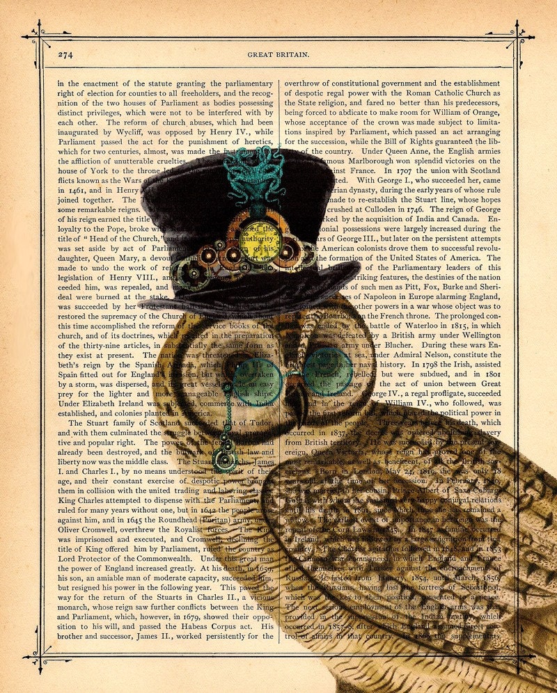 Upcycled Dictionary Page Upcycled Book Art Upcycled Art Print Upcycled Book Print Vintage Art Print Steampunk Owl Octopus Top Hat