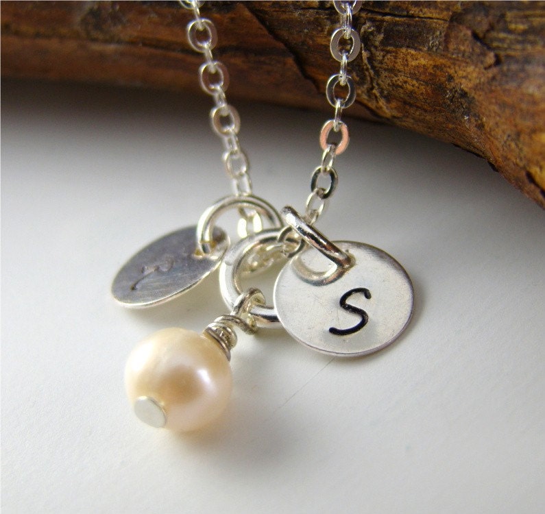 Personalized Initial Pendant Necklace, Sterling Silver Stamped Jewelry, Freshwater Pearl, Mother Necklaces, Monogram