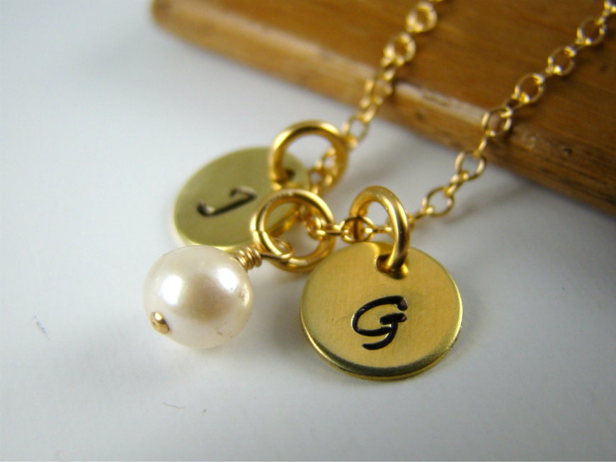 14kt Gold Initial Necklace, Freshwater Pearl, Hand Stamped, Gold Monogram Initial Necklace