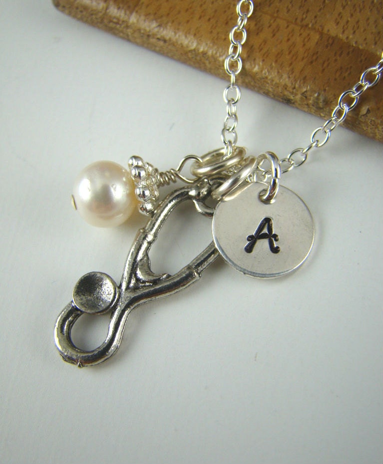 Stethoscope Pendant Necklace, Initial Necklace, Personalized Jewelry, Silver Charms, Doctor, Medicine, Medical School Graduation Gift