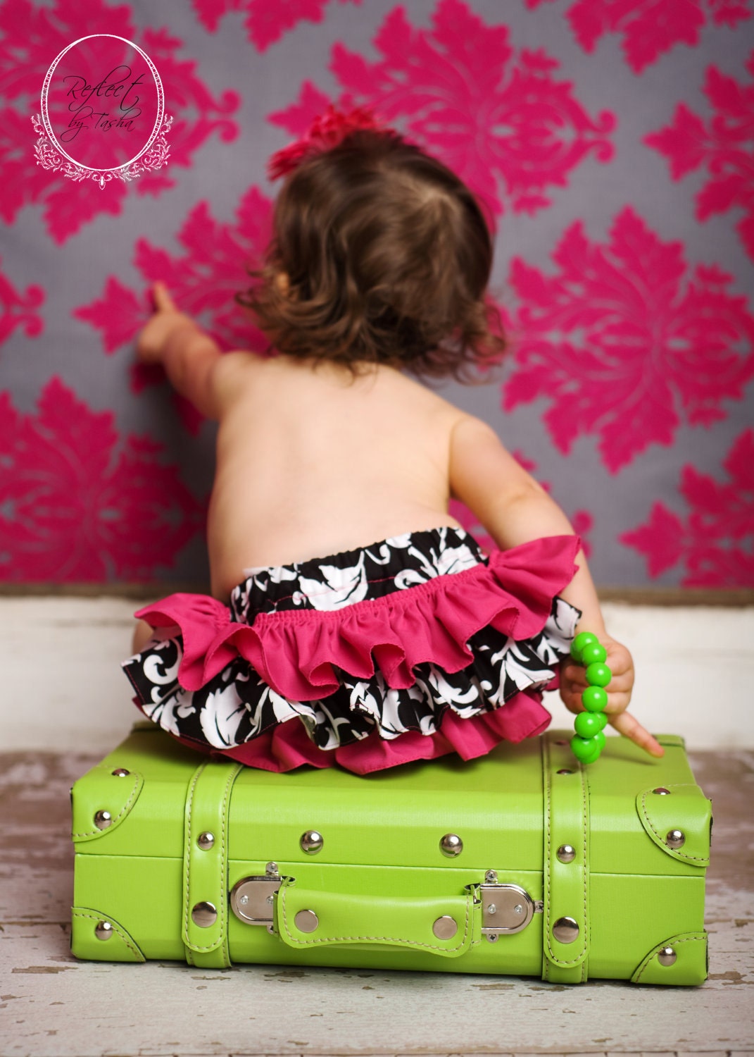 Hot pink and black damask ruffle bloomers diaper cover and matching hot pink crystal gerbera flower clip w/black crochet headband