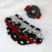 Black and white polka dot w/red and white w/matching ruffle bloomers diaper cover polka dot flower clip w/red headband minnie mouse onesie