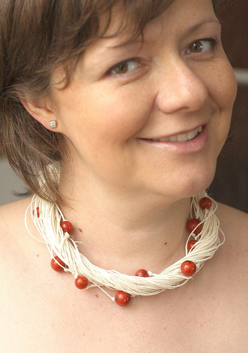 Red Coral, Linen Necklace
