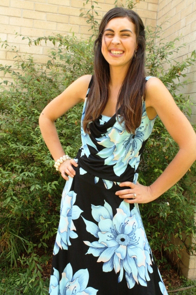 Black with blue floral print cowl neck dress