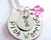 Pink Breast Cancer Hand Stamped Necklace - Awareness Jewelry - Sterling Silver