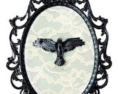 Miniature Crow on Lace - Victorian Framed Object - Wall Art Decor 7x10in