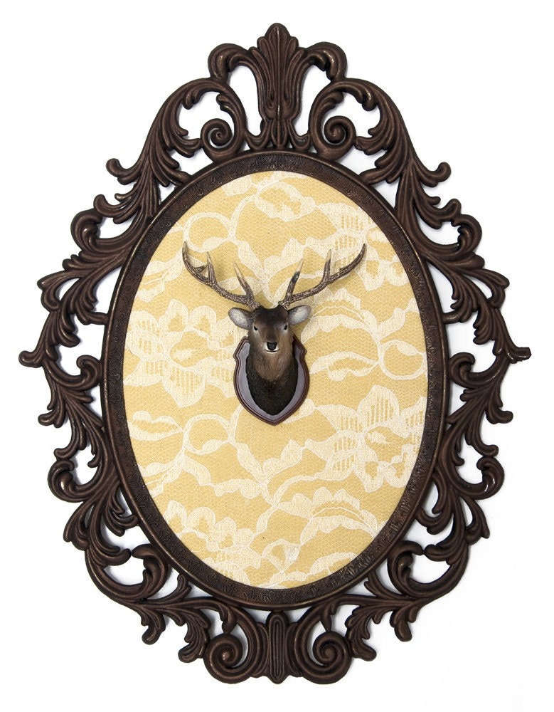Miniature Deer Head Mount - Faux Taxidermy - Victorian Framed Obect - Wall Art Decor 10.5x13.5in