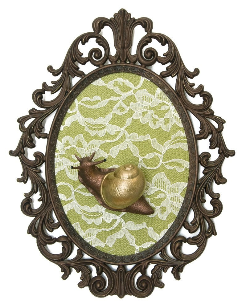 Snail with Golden Shell on Lace - Victorian Framed Object - Wall Art Decor 10x13in