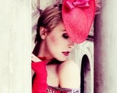 Royal Ascot Red Cocktail Hat Saucer Electric Pink Bow Colour Block Red Feathers Wedding Headpiece Handmade Peacock Headpiece Fascinator