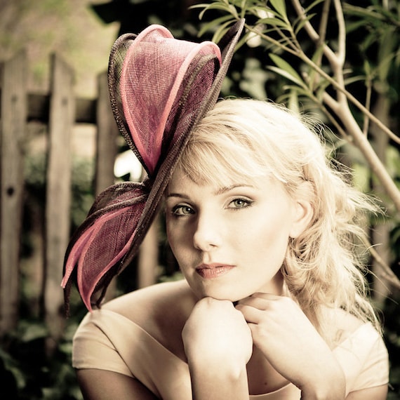 Brown Straw Saucer Hat Women Races Hats Ladies Pale Pink Bow Oversized Hat Cocktail Wedding Racing  Fascinator Raspberry Handmade