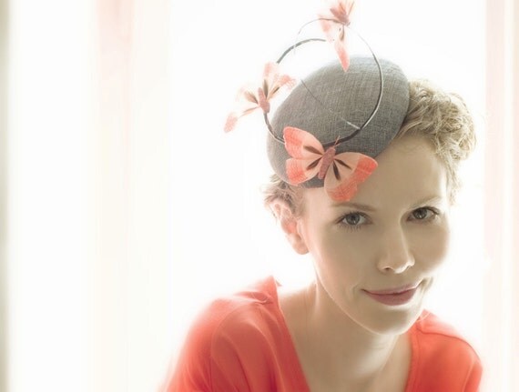 Dark Grey Cocktail Straw Mini Hat Pillbox Orange Butterflies Headpiece Gift Fascinator Butterfly Weddings Party Races