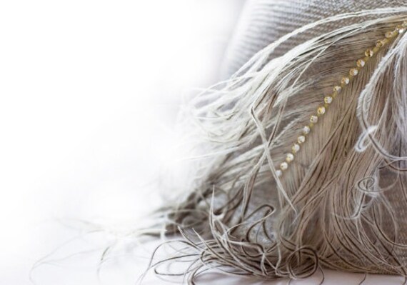Grey Straw Hat The Great Gatsby Inspired 1920's Gray Silver Summer Races Swarovski Rhinestones Weddings Ostrich Feather Racing Wear Women